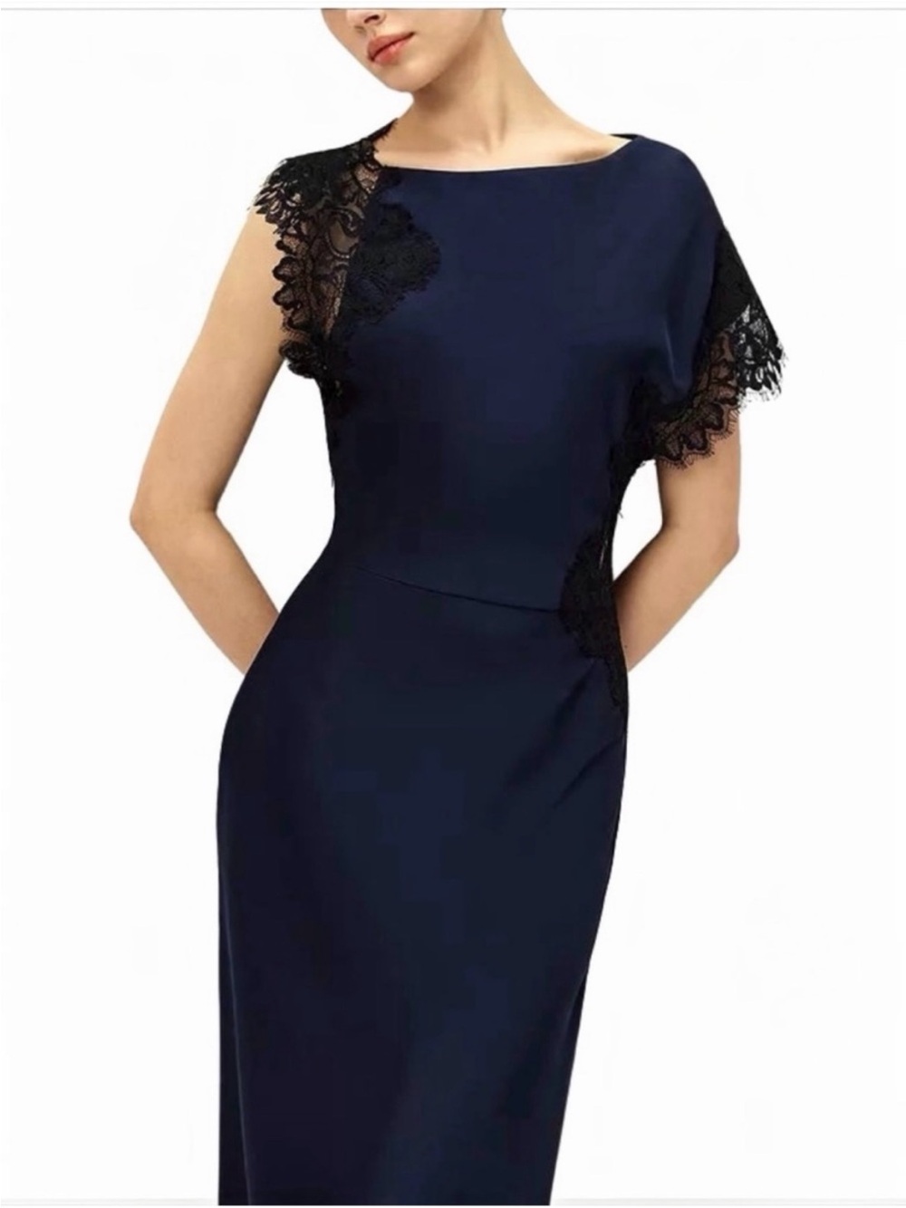 ELODIE THE LABEL Maris Women’s navy Satin Black Lace Slip Maxi Dress Small NWT